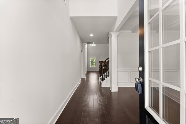 2855 Pilgrim Mill Rd, Cumming, GA 30041 - hall with dark wood finished floors, stairs, and recessed lighting