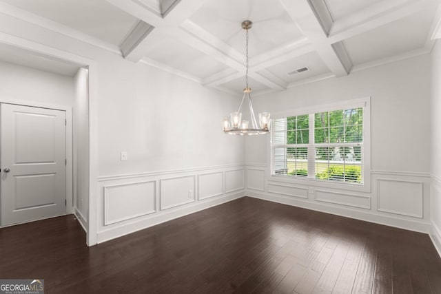 2855 Pilgrim Mill Rd, Cumming, GA 30041 - unfurnished dining area featuring coffered ceiling, beamed ceiling, dark wood finished floors, a chandelier, and a wainscoted wall