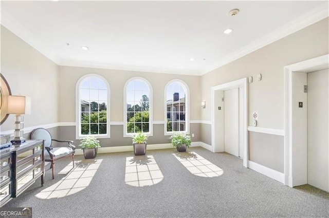 3635 Paces Cir Unit 1405, Atlanta, GA 30326 - sitting room featuring elevator, carpet flooring, plenty of natural light, baseboards, and ornamental molding
