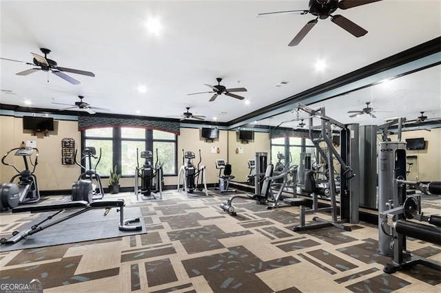 3635 Paces Cir Unit 1405, Atlanta, GA 30326 - gym featuring crown molding, carpet floors, baseboards, ceiling fan, and recessed lighting