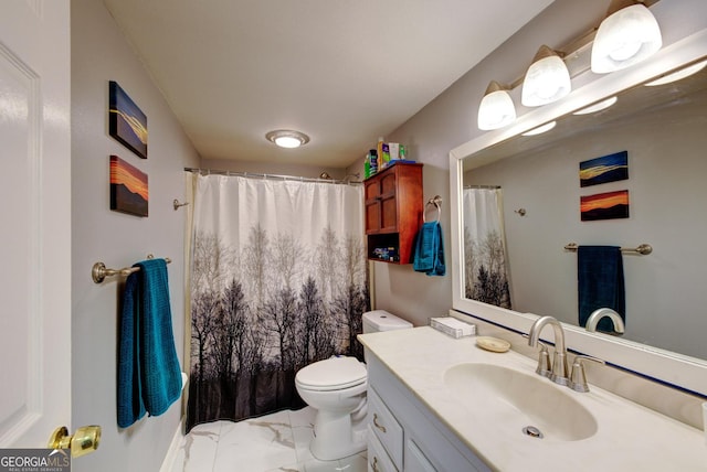227 Shakespeare Dr # 303, Clayton, GA 30525 - full bathroom featuring marble finish flooring, vanity, toilet, and a shower with shower curtain