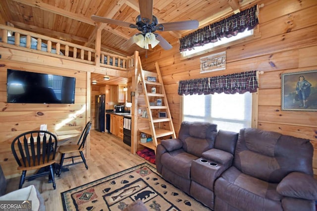 101 Porch View Cir Unit 121, Blairsville, GA 30512 - living room with wooden ceiling, wooden walls, ceiling fan, and light wood finished floors