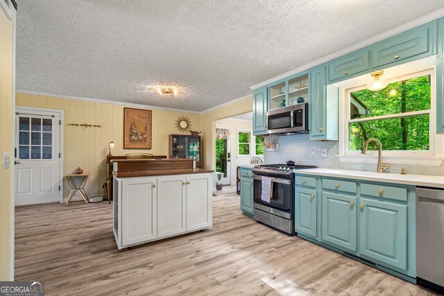534 Mountainside Dr, Rabun Gap, GA 30568 - kitchen featuring appliances with stainless steel finishes, ornamental molding, light wood-style floors, healthy amount of natural light, and backsplash