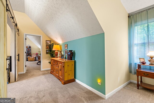 534 Mountainside Dr, Rabun Gap, GA 30568 - carpeted bedroom with a textured ceiling, vaulted ceiling, a barn door, and baseboards