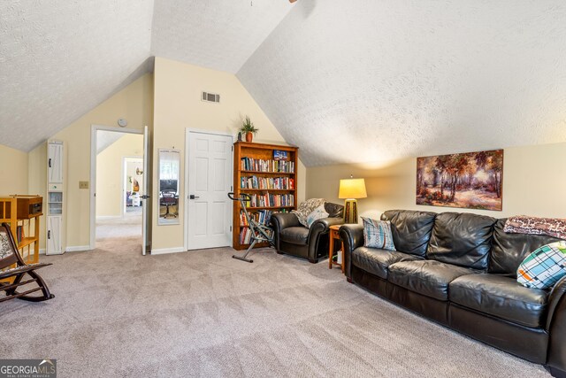 534 Mountainside Dr, Rabun Gap, GA 30568 - living room with a textured ceiling, lofted ceiling, light carpet, and baseboards