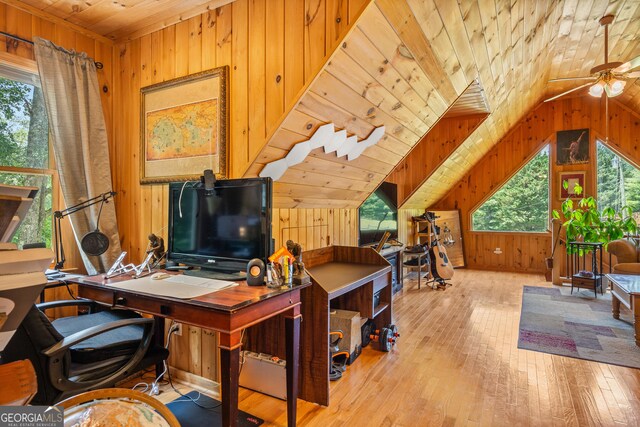 534 Mountainside Dr, Rabun Gap, GA 30568 - office space featuring wood walls, lofted ceiling, wooden ceiling, wood-type flooring, and ceiling fan