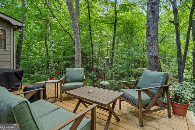 534 Mountainside Dr, Rabun Gap, GA 30568 - wooden terrace featuring area for grilling and a forest view
