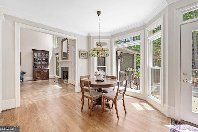120 Forest Breeze Cv, Alpharetta, GA 30022 - dining space with light wood-style floors, crown molding, and a fireplace with raised hearth