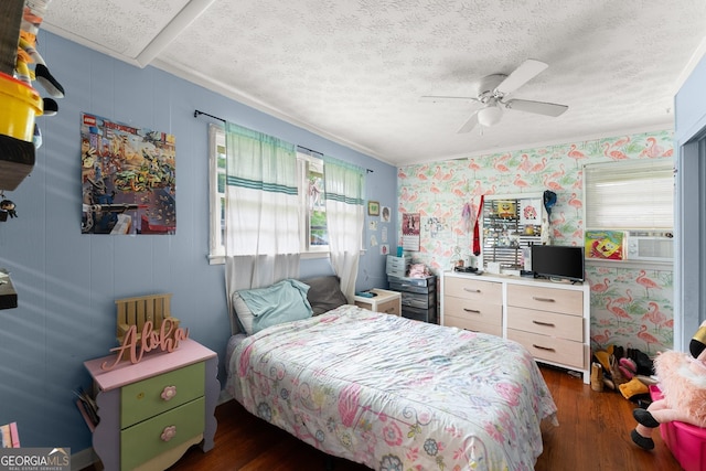 157 Glendale Hts, Winterville, GA 30683 - bedroom featuring hardwood / wood-style flooring, wallpapered walls, cooling unit, a textured ceiling, and a ceiling fan