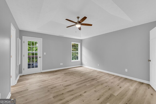 1407 Water Wheel Dr, Bethlehem, GA 30620 - spare room with ceiling fan, plenty of natural light, light wood-style floors, and a raised ceiling