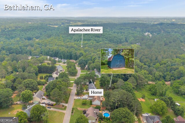 1407 Water Wheel Dr, Bethlehem, GA 30620 - aerial view of property's location featuring a forest and property boundaries highlighted