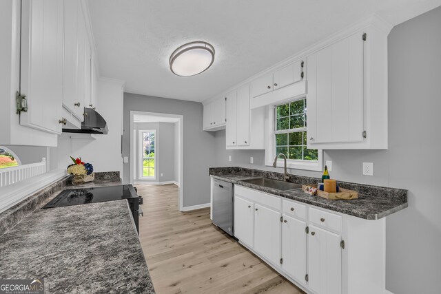 1407 Water Wheel Dr, Bethlehem, GA 30620 - kitchen with dishwasher, a sink, under cabinet range hood, dark countertops, and white cabinetry