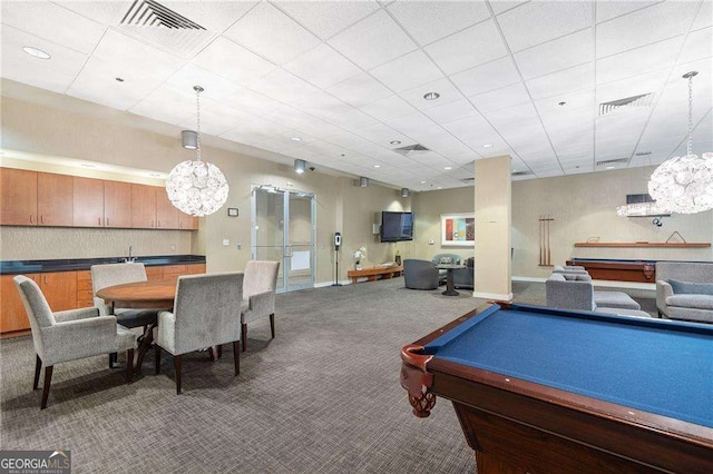 711 Cosmopolitan Dr NE Unit 300, Atlanta, GA 30324 - rec room featuring carpet floors, a chandelier, billiards table, a paneled ceiling, and baseboards