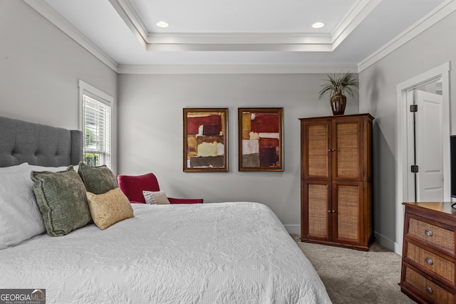 1111 Cobblestone Dr, Bogart, GA 30622 - bedroom with carpet, ornamental molding, a tray ceiling, baseboards, and recessed lighting