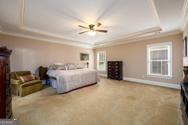 13042 Dartmore Ave, Alpharetta, GA 30005 - bedroom with a raised ceiling, crown molding, carpet flooring, and baseboards