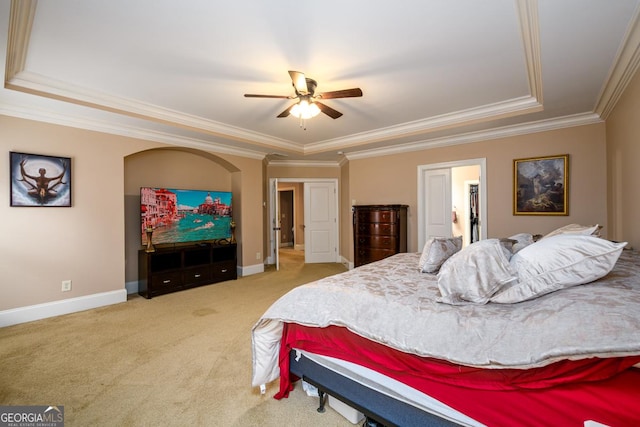 13042 Dartmore Ave, Alpharetta, GA 30005 - bedroom with a raised ceiling, carpet, crown molding, baseboards, and a ceiling fan