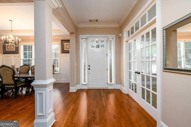 13042 Dartmore Ave, Alpharetta, GA 30005 - entryway with crown molding, a chandelier, dark wood-style flooring, baseboards, and french doors