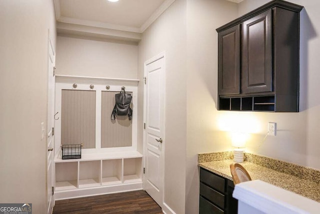 6298 Pierless Ave, Sugar Hill, GA 30518 - mudroom featuring crown molding and dark wood finished floors