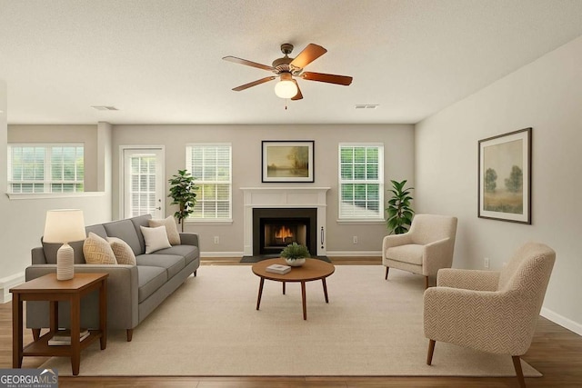 3731 Laramie Rd, Ellenwood, GA 30294 - living area with wood finished floors, baseboards, healthy amount of natural light, and ceiling fan