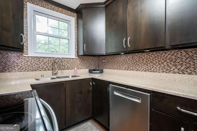 2060 Simonton Bridge Rd, Watkinsville, GA 30677 - kitchen with stainless steel dishwasher, a sink, range with electric stovetop, dark brown cabinets, and decorative backsplash