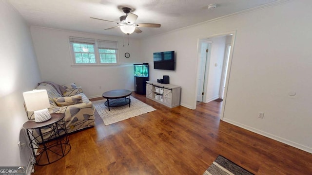 2060 Simonton Bridge Rd, Watkinsville, GA 30677 - living room featuring a ceiling fan, wood finished floors, crown molding, and baseboards