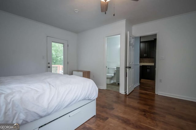 2060 Simonton Bridge Rd, Watkinsville, GA 30677 - bedroom with access to exterior, dark wood-style flooring, ensuite bathroom, baseboards, and a ceiling fan