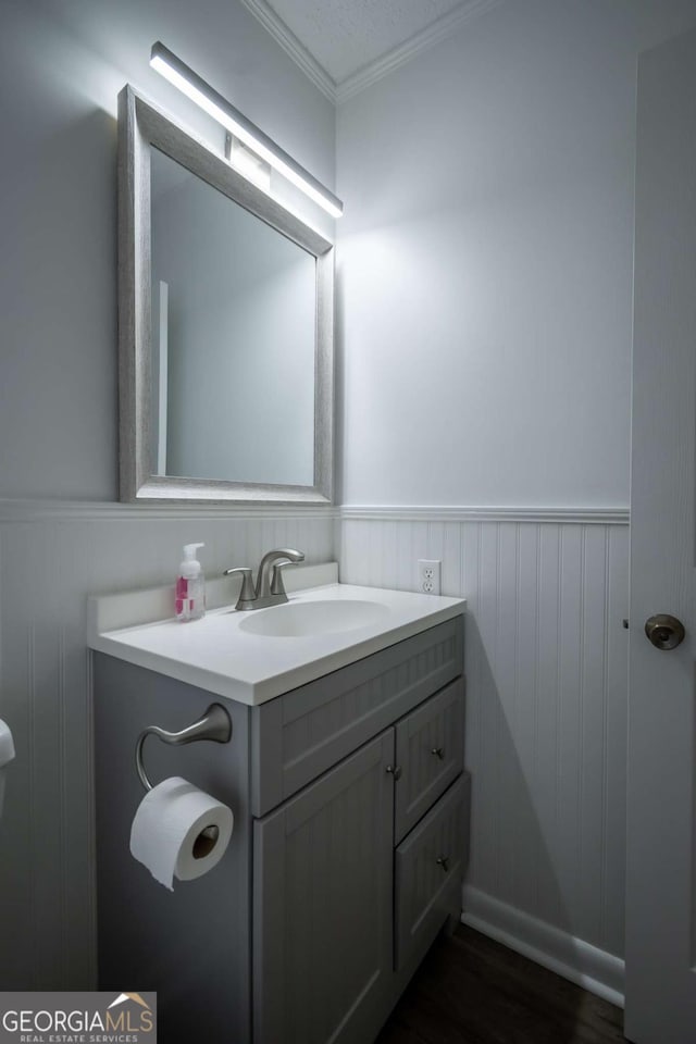 2060 Simonton Bridge Rd, Watkinsville, GA 30677 - bathroom featuring vanity, ornamental molding, a wainscoted wall, and wood finished floors