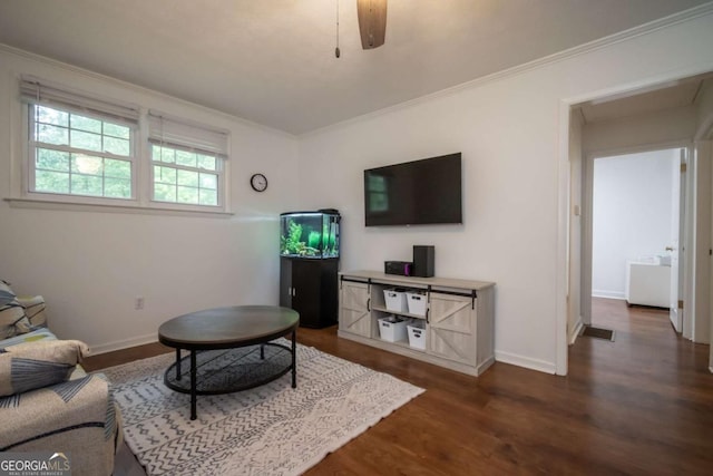 2060 Simonton Bridge Rd, Watkinsville, GA 30677 - living area with ornamental molding, baseboards, dark wood-style floors, and a ceiling fan