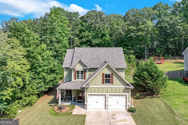 6540 Terracewood Ln, Gainesville, GA 30506 - craftsman inspired home featuring board and batten siding, driveway, a front lawn, covered porch, and a shingled roof