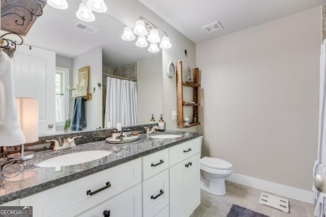 6540 Terracewood Ln, Gainesville, GA 30506 - full bath with double vanity, toilet, curtained shower, baseboards, and tile patterned floors