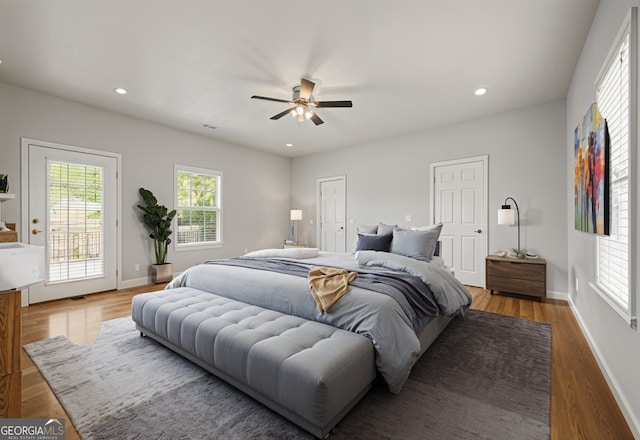 85 Bloomfield Way, Sharpsburg, GA 30277 - bedroom featuring access to outside, baseboards, light wood-type flooring, recessed lighting, and a ceiling fan
