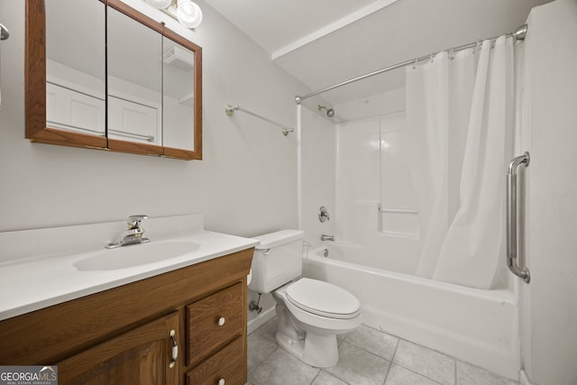 85 Bloomfield Way, Sharpsburg, GA 30277 - bathroom with toilet, vanity, shower / tub combo with curtain, and tile patterned floors