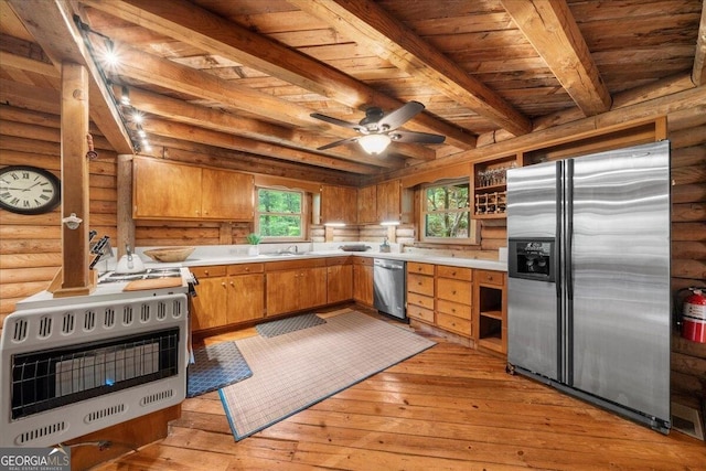 15 Bailey St, Whitesburg, GA 30185 - kitchen with appliances with stainless steel finishes, heating unit, wood ceiling with exposed beams, light countertops, and open shelves