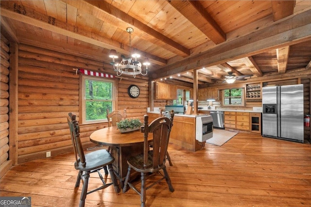 15 Bailey St, Whitesburg, GA 30185 - dining room with wood ceiling with exposed beams, light wood-type flooring, a chandelier, healthy amount of natural light, and ceiling fan