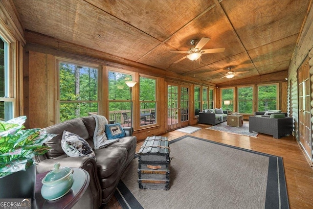 15 Bailey St, Whitesburg, GA 30185 - sunroom featuring an outdoor hangout area, wooden ceiling, french doors, wood finished floors, and ceiling fan