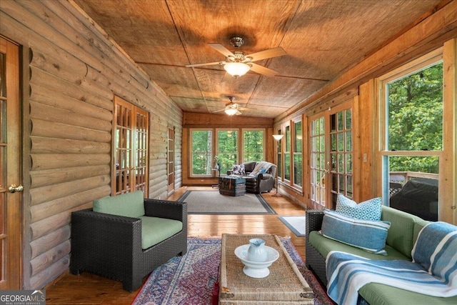 15 Bailey St, Whitesburg, GA 30185 - sunroom with french doors, wooden ceiling, rustic walls, hardwood / wood-style floors, and an outdoor hangout area