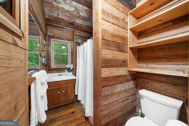 15 Bailey St, Whitesburg, GA 30185 - bathroom with toilet, wooden walls, vanity, and wood finished floors