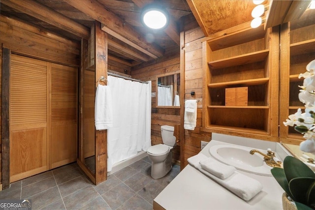 15 Bailey St, Whitesburg, GA 30185 - bathroom with wood walls, vanity, toilet, curtained shower, and tile patterned floors