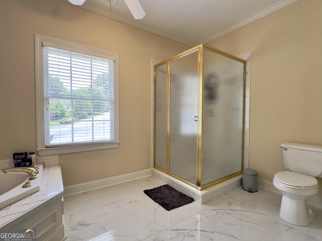 11 Stonegable Dr NW, Rome, GA 30165 - bathroom featuring a shower stall, ceiling fan, crown molding, and marble look tile flooring