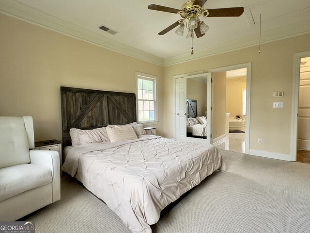 11 Stonegable Dr NW, Rome, GA 30165 - bedroom featuring attic access, light colored carpet, ornamental molding, ensuite bath, and a ceiling fan