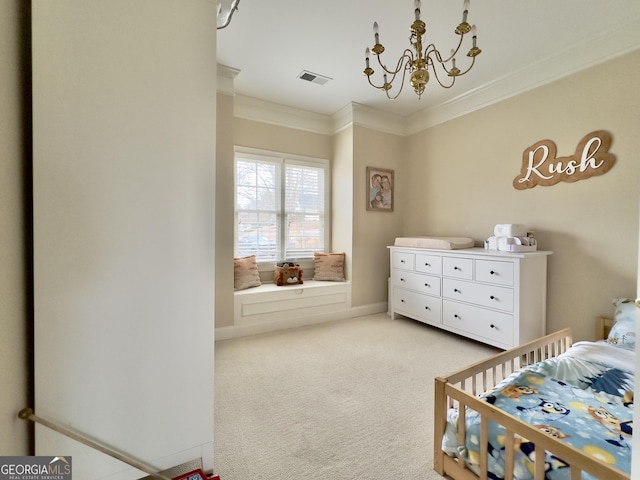 11 Stonegable Dr NW, Rome, GA 30165 - bedroom featuring crown molding, light carpet, a chandelier, and a nursery area