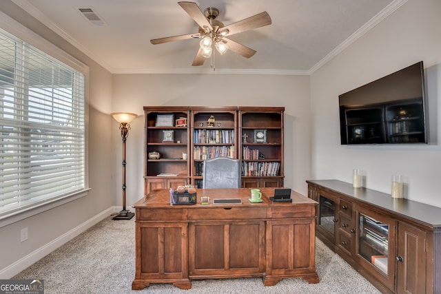 895 Lillian Park Dr, Grovetown, GA 30813 - home office featuring light colored carpet, ceiling fan, baseboards, and crown molding