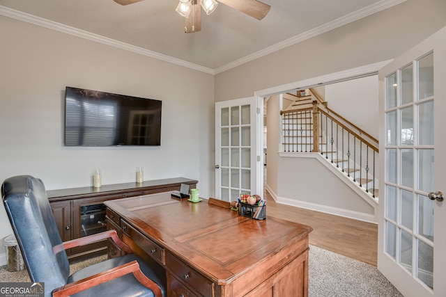 895 Lillian Park Dr, Grovetown, GA 30813 - office area with ornamental molding, a ceiling fan, french doors, wood finished floors, and baseboards
