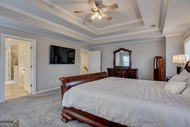 895 Lillian Park Dr, Grovetown, GA 30813 - bedroom featuring light colored carpet, a tray ceiling, baseboards, crown molding, and a ceiling fan