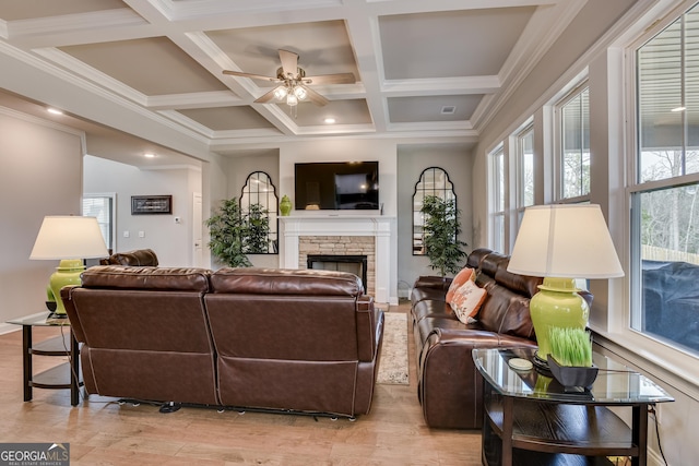 895 Lillian Park Dr, Grovetown, GA 30813 - living area with ceiling fan, a fireplace, coffered ceiling, light wood-style floors, and crown molding