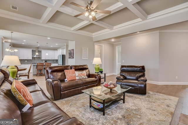 895 Lillian Park Dr, Grovetown, GA 30813 - living area with ceiling fan, coffered ceiling, light wood-style flooring, beamed ceiling, and crown molding