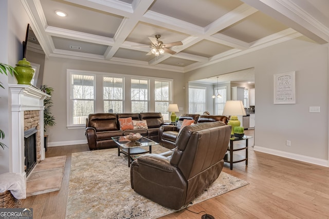 895 Lillian Park Dr, Grovetown, GA 30813 - living area with baseboards, coffered ceiling, ceiling fan, beam ceiling, and wood finished floors