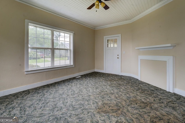 6 Mill St, Jackson, GA 30233 - unfurnished room featuring ornamental molding, carpet, ceiling fan, baseboards, and wooden ceiling