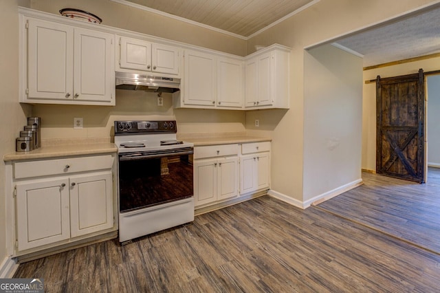 6 Mill St, Jackson, GA 30233 - kitchen with white electric range, under cabinet range hood, white cabinets, crown molding, and a barn door