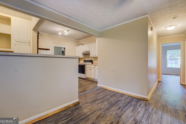 6 Mill St, Jackson, GA 30233 - kitchen with white electric range, dark wood-style floors, crown molding, baseboards, and white cabinetry